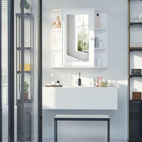 HOMCOM Armoire Murale avec Miroir Salle de Bain Meuble Miroir avec Rangement Toilettes 1 Porte + étagères latérales Blanc