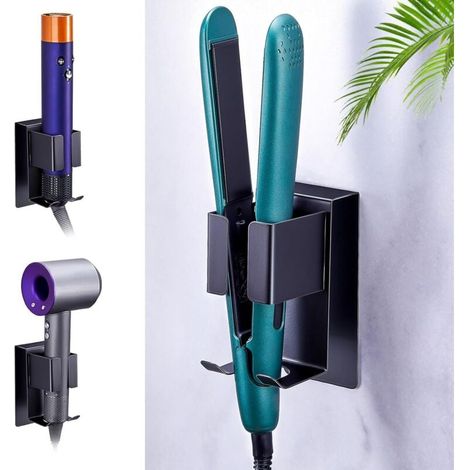Aucun perçage nécessaire. Support mural autocollant en acier inoxydable pour sèche-cheveux, compatible avec les fers à friser et à lisser. (1/4)