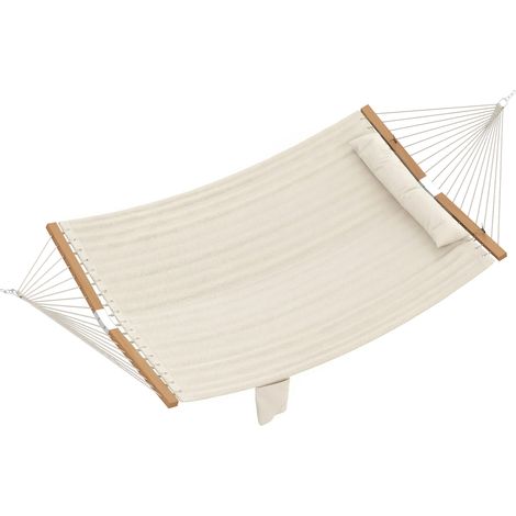 Amaca da Giardino 325x140x2,5 cm con Cuscino e Tasca in Poliestere con Barre di Legno Bianco Crema (1/5)