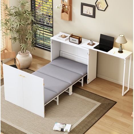 Lit enfant 90x200 cm - Lit simple - Avec bureau pivotant - Matelas inclus - En métal et bois - Blanc (1/5)