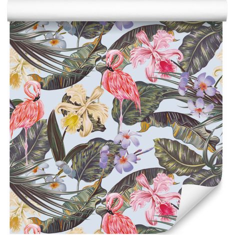 Papel pintado con flamencos, flores, hojas y naturaleza para salón y dormitorio, 50x1000 cm. (1/5)