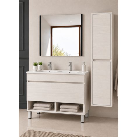 Mobile bagno con piedini con lavabo extrapiano ORIGENBATH NEBARI con piedini e cassetto senza specchio 120x45 cm doppio lavabo bianco nordico con colonna (1/5)