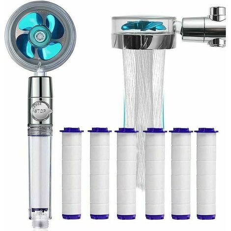 Douchette économique avec filtre anti-calcaire - Pommeau de douche à rotation de 360° - 6 éléments filtrants en coton PP (Bleu) (1/4)
