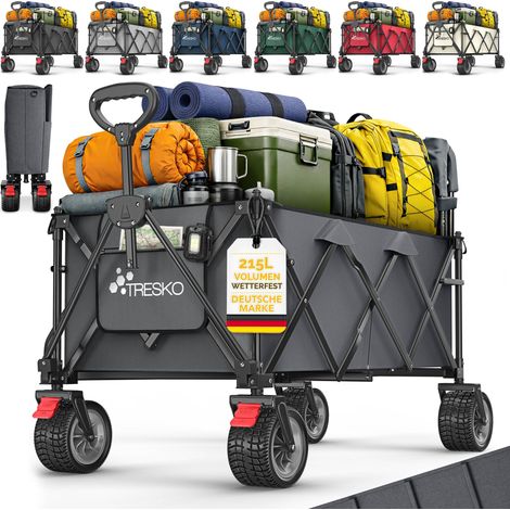 TRESKO® Bollerwagen faltbar 215L mit Bremse Handwagen klappbar 150kg inkl. Vollgummireifen Faltbarer Strandwagen Extra Breite All-Terrain-Räder Transportwagen mit Tragetasche (1/5)