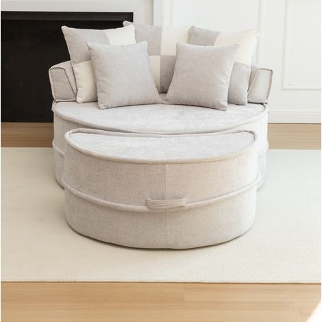 Fauteuil relax rond 163x121x66 cm gris avec ottomane et 5 coussins, chenille et mousse MEUBLIV (1/5)