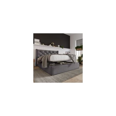 Lit coffre 140x200 cm Tête de lit capitonnée Sommier à lattes en métal Rangement sous le lit Design rétro en coton gris (1/5)