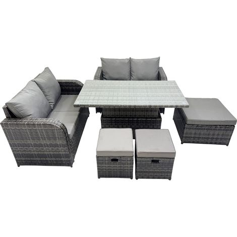 Fimous 7-seater Patio Height Adjustable Rising Lifting Table Sofa Sets Rattan Garden Furniture Dining Set with 3 Stools Dark Grey Mixed (1/5)