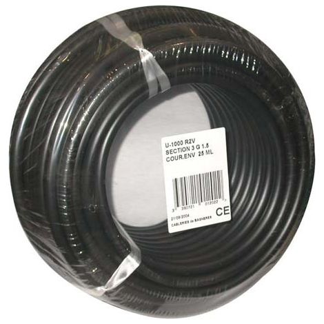 Electraline – Câble rigide R2V U1000 3G1.5 25m noir – Section 1.5mm² – Pour installations électriques en intérieur – Conforme norme NF C 15-100
