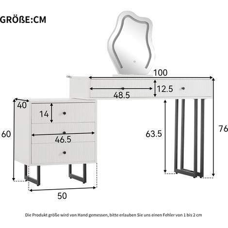 Coiffeuse, ensemble de table cosmétique avec miroir et éclairage, plateau extensible, éclairage LED 3 couleurs, dimensions : L 100/H 76/P 40 cm (sans tabouret) (ancien N657P19282830W)