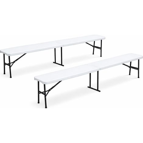 Lot de 2 Bancs de Jardin Pliables Blancs 180 x 28 x 43.5H cm Banc Exterieur Interieur Camping Réception KZ GARDEN