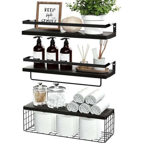 3 Pack Floating Shelves with Storage Basket, Rustic Wooden Wall Shelves for Bathroom, Bedroom, Living Room, Kitchen (Black)-RAPANDA (1/4)