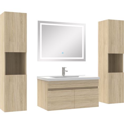 Ensemble meubles Salle de Bain 80cm vasque + colonnex2 + miroir lumineux Chêne Wotan (1/5)