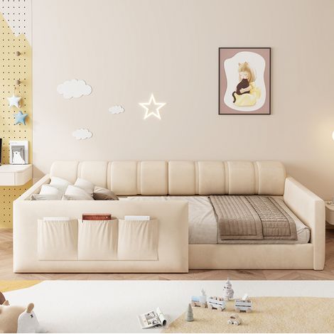 Cama infantil 90x200 cm - Cama sofá - Con cabecero - Con bolsillos de almacenaje - En terciopelo - Beige (1/5)