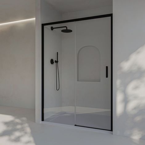 Mampara de ducha frontal corredera + fijo, sin perfil inferior, Vidrio de seguridad 6mm antical, 143,5 a 148 cm x 195cm H, REVERSIBLE, Negro (1/5)