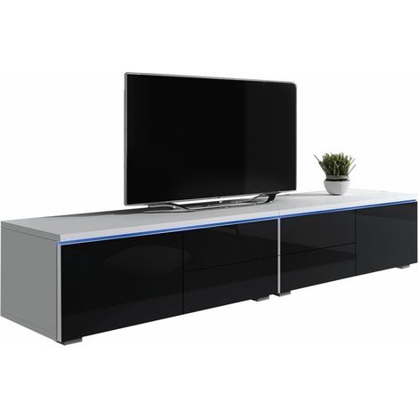 Mueble TV Hortus, Blanco + Negro brillante, Número de puertas: 2, Número de cajones: 4, 200x35x45cm, LED