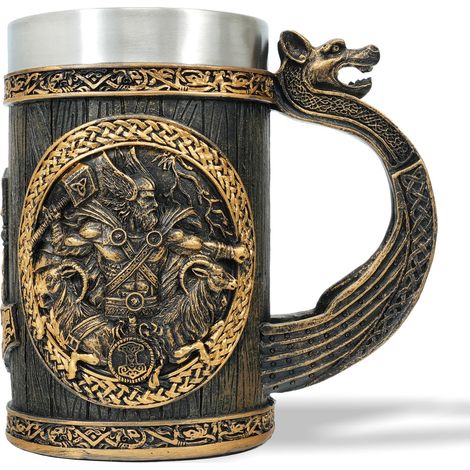 Chope à bière en acier inoxydable avec une anse mythologie nordique marteau arbre de vie café chope à bière valhalla cadeau pour hommes et femmes marteau (1/5)