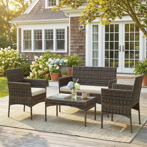 Salon de jardin extérieur résine tressée 4 personnes canapés table basse verre trempé coussins beige