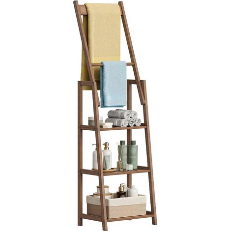 Échelle de Rangement Inclinée en Bambou, 3 Étagères et Porte-Serviettes à 2 Niveaux, pour Couvertures, Couettes, Linges, pour Salle de Bain, Chambre, Coins de Salon, Moka (1/5)