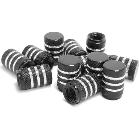 12 Bouchons Valve Pneu, Capuchons Valve Métal avec Anneau Caoutchouc, Couvercle Bouchon Valve Pneu Aluminium pour Voitures, Couvercle Poussière Valve Pneu Moletés Alliage Aluminium (Noir) (1/5)