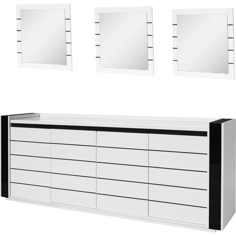 Meublorama – Buffet moderne LINA avec LED – 220 cm largeur x 87 cm hauteur x 50 cm profondeur – 3 miroirs carrés blanc et noir – Rangement spacieux