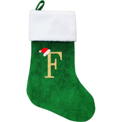 Chaussette De Noël - Velours Vert - Revers En Peluche Blanche - 46 X 20 Cm - Personnalisable Avec Lettre - 1 Pièce (1/2)