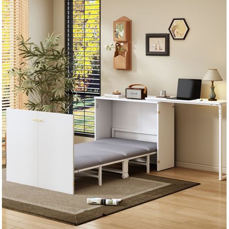 Letto a scomparsa moderno 90x200 cm in metallo e legno bianco, con scrivania girevole, rotelle e materasso incluso
