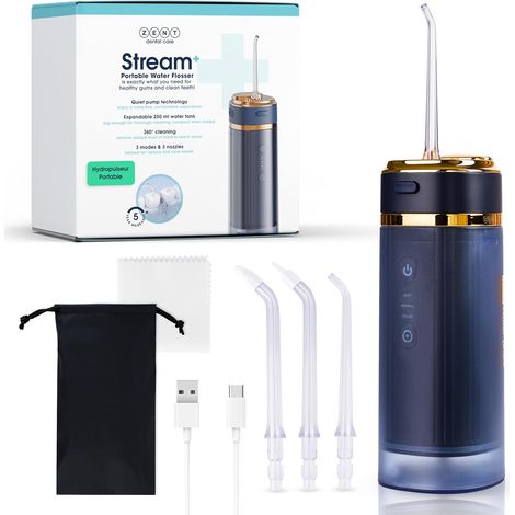 Stream+ Jet dentaire hydropulseur, Irrigateur buccal, 3 Embouts spécialisés, Pression réglable, élimination de la plaque dentaire, Bleu (1/5)