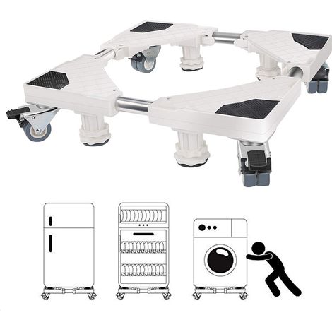 Support de Machine à Laver, Base pour Réfrigérateur/lave-linge/sèche-linge, Réglable en Longueur 47cm-69cm, Support Charge 150 kg, avec l'Effet de Réduiction du Bruit, Noir Blanc (1/5)