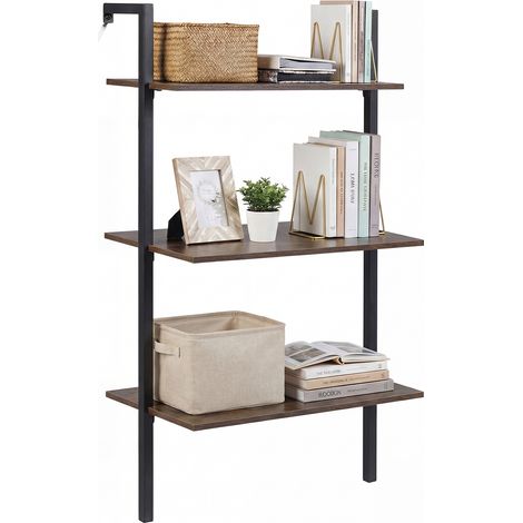 Étagère Échelle à 3 Niveaux, Bibliothèque Murale en Bois avec Cadre Métallique, pour Salon, Cuisine, Bureau, 53,5 x 29,5 x 96 cm, Marron (1/5)