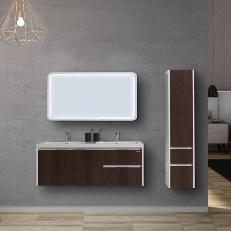 Distribain – Meuble de salle de bain double vasque suspendu chêne foncé – 2 tiroirs + placard double – Miroir LED avec interrupteur tactile – Fermeture douce (1/5)