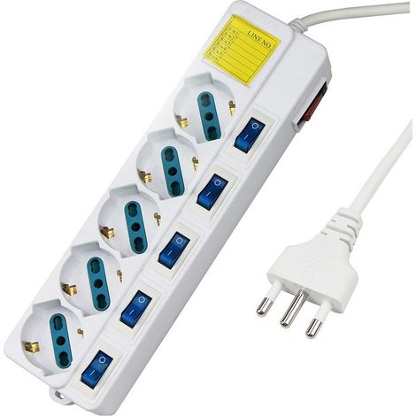 Multipresa Ciabatta Elettrica Con 5 Posti Prese Schuko 10/16A + 6 Interruttori On Off Indipendente Cavo Da 1,5 Metri