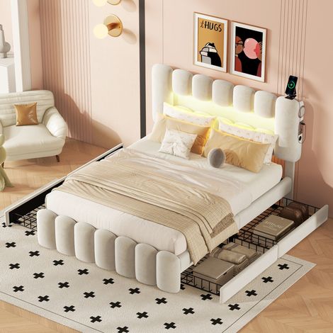 Lit avec tiroirs 140x200 LED USB et haut-parleurs beige HAVRYA (1/5)