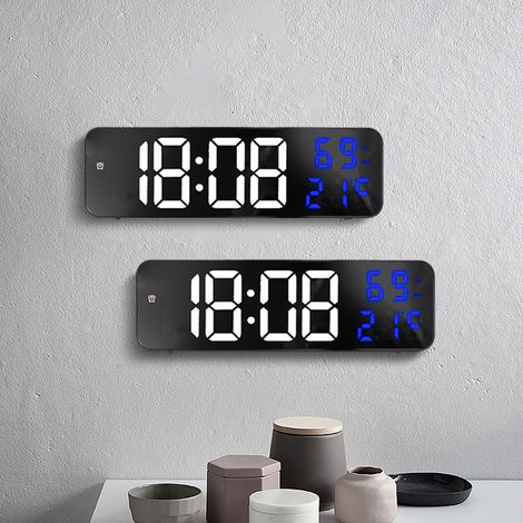 Réveil électronique avec grand écran miroir, affichage numérique LED, horloge murale, version à brancher, boîtier noir, blanc et bleu. (1/5)