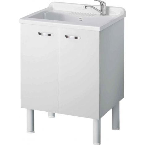 Meuble sous-évier blanc compact en panneaux de particules hydrofuges de 60 x 50 cm avec cuve en polypropylène – meuble à deux portes avec poignées chromées pour une utilisation intérieure – Negrari (1/5)