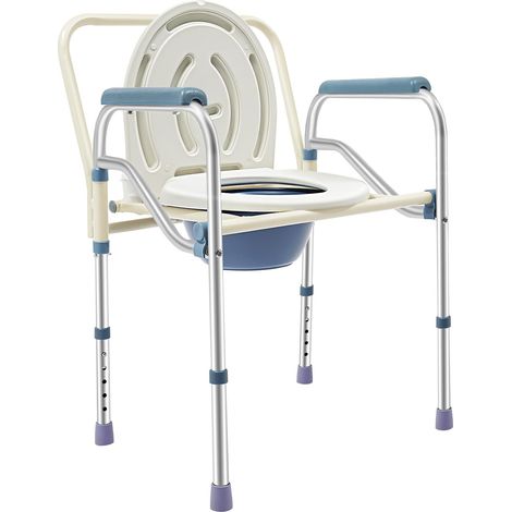 Chaise Percée Pliante, Chaise Toilette avec Bassin, Siège de Douche Réglable Acier INOX, Hauteur 65-75cm, Charge 150kg, pour Personnes Âgées Handicapées, pour Chambre Salle de Bain Hôpital, Blanc (1/5)