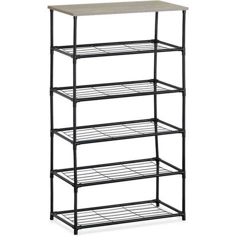 Étagère de rangement - JUANIO - 6 niveaux multifonction - Structure métallique noire - Plateau effet bois - Gain de place (1/5)