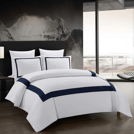 Housse de couette 220 x 240 cm, ensemble de lit d'hôtel en microfibre lavée, confortable et douce, fermeture éclair métallique, avec taie d'oreiller 50 x 75 cm, bleu marine (1/5)
