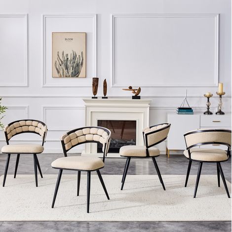 Set di 4 sedie da pranzo in velluto beige, gambe in metallo nero, 64 x 57 x 78 cm (1/5)