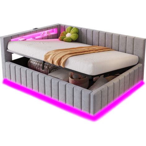 Lit coffre 140x200 capitonné avec LED, port USB, rangement hydraulique et velours gris pour chambre ou invités - CHICFURN (1/5)