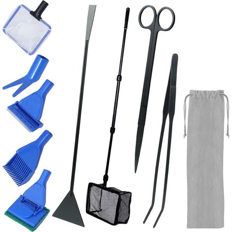 9 in 1 Aquarium Fish Net, Rake, Fork, Scraper, Sponge and Stainless Steel, Aquarium Tool Kit (1/5)