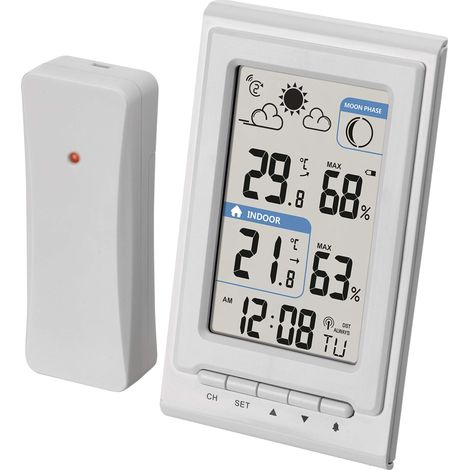 EMOS Mini stazione meteo radio con sensore esterno, misura la temperatura interna ed esterna, umidità, previsioni meteo, orologio radio con sveglia, bianco (1/4)