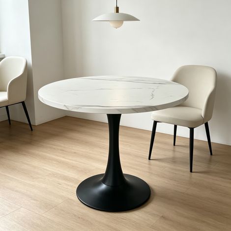 Tavolo rotondo da sala da pranzo 80x80x75 cm legno bianco/metallo nero, salvaspazio, FloraGrace (1/5)