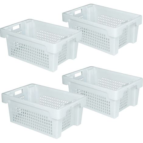 BRB Lot de 4 récipients empilables, Caisse en Plastique, Bac de Rétention Plastique - Dimensions : 600 x 400 x 250 mm - 40 l - Blancs