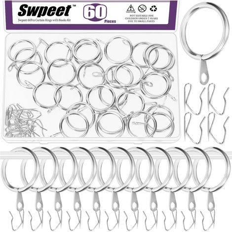60Pcs 25mm / 1 "Diamètre intérieur Sliver Anneau de Rideau en métal avec Pin-on Drapery Crochets Kit d'assortiment, Drape Coulissant oeillet en métal, pour fenêtre Porte Rideau de Douche (1/5)