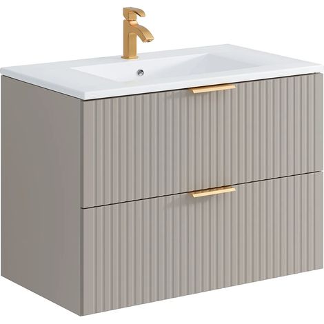 Vente-Unique – Meuble de salle de bain suspendu strié avec vasque à encastrer – Beige – 80 cm – 2 tiroirs – MDF éco-responsable – Installation facile