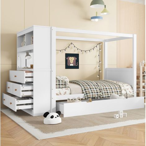 Bett Kinderbett mit Fallschutz und Stauraum, Weiß, 90x200 cm, Himmelbett aus Holz mit 5 Schubladen und Seitenregal (1/5)