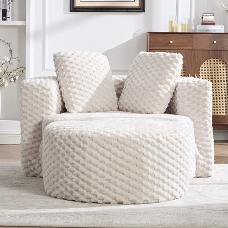 Fauteuil lounge 129x116x65 cm beige en tissu effet fourrure avec repose-pieds, sans montage (1/5)