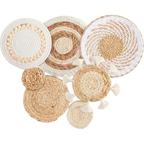 Lot de 7 Panier, Décoration Murale, Paille Naturelle, Tissage Artisanal, Salon Chambre