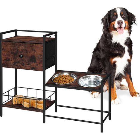 Relaxdays Station d'alimentation pour chien, 2 gamelles, rangement, 76x90x27 cm, bar surélevée style industriel, brun