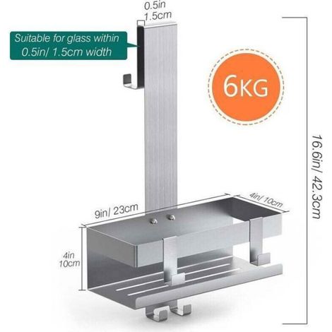 Etagere Douche - Acier Inoxydable 304 - Pour Porte Vitrée - Sans Perçage - Charge Max 6 Kg - 42,3 Cm - 1 Unite (1/5)